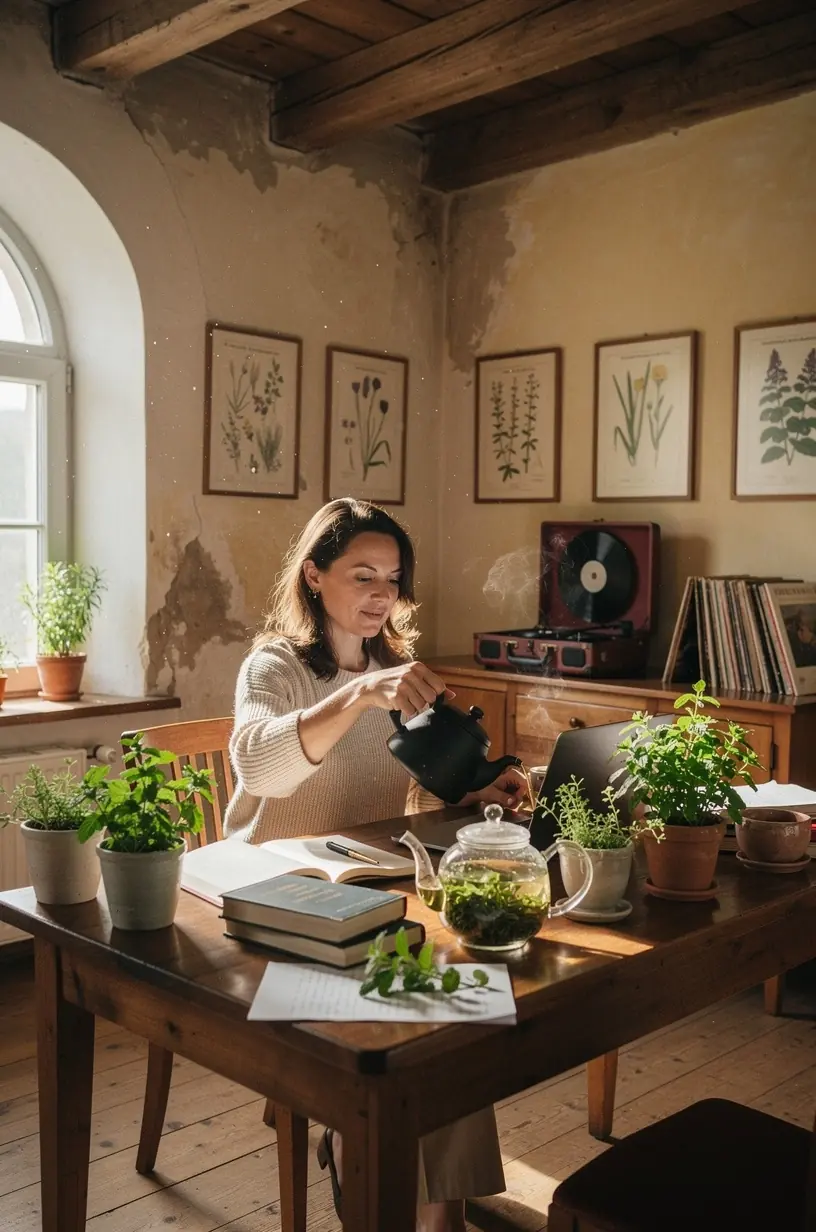 Natūralios žolelių arbatos su įvairių augalų lapais ir žiedais artimas vaizdas.