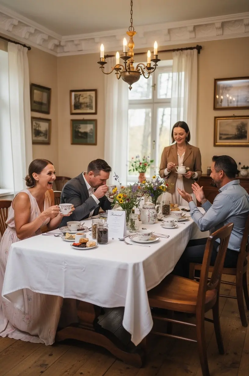 Keraminė arbatos puodelis su garuojančia žolelių arbata ant medinio stalo.