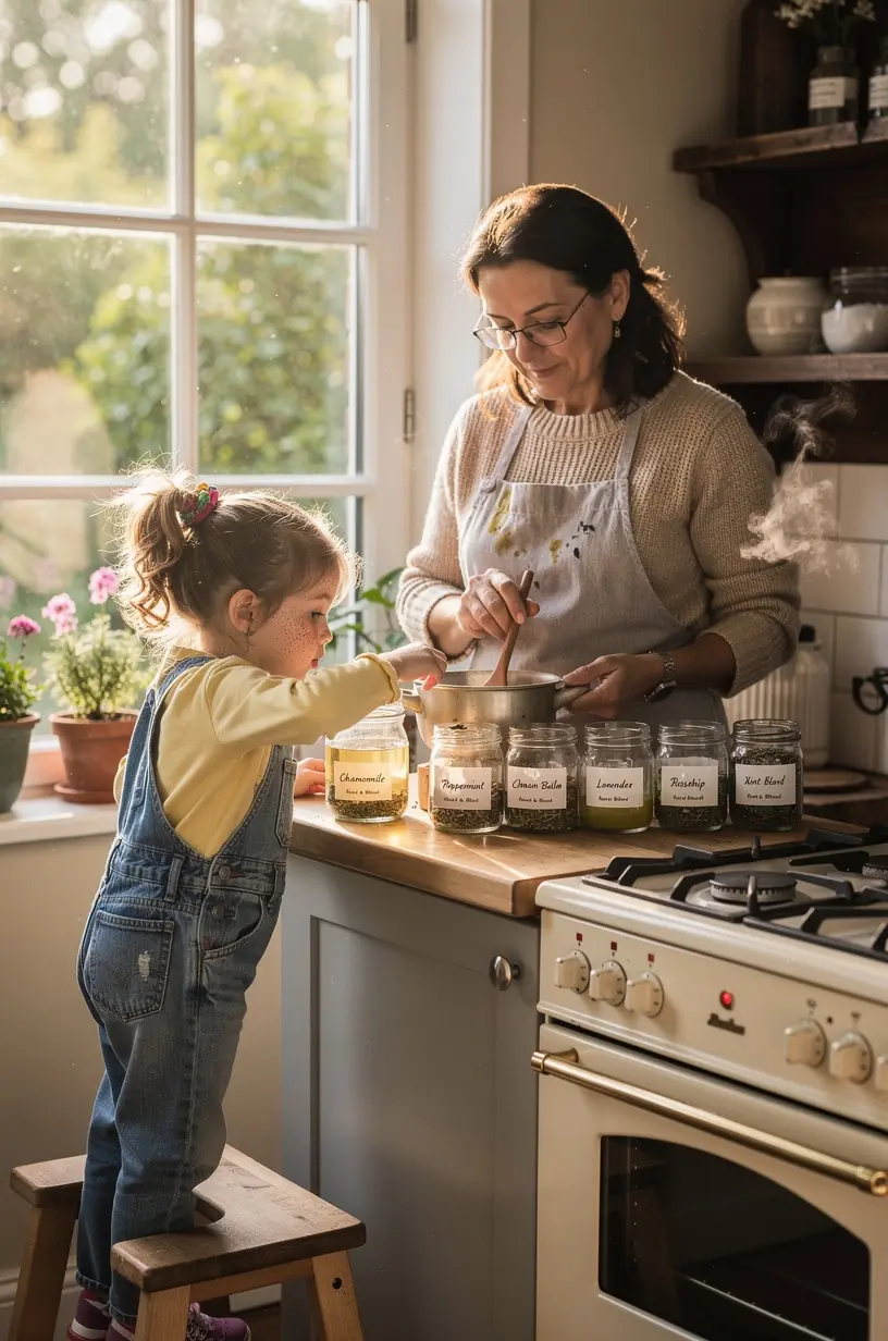 Moteris ramiai mėgaujasi aromatine žolelių arbata jaukioje namų aplinkoje.