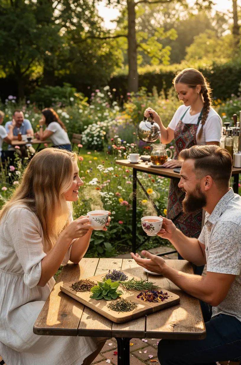 Įvairių džiovintų žolelių ir žiedų maišeliai, skirti komfortiškam arbatos gėrimui.